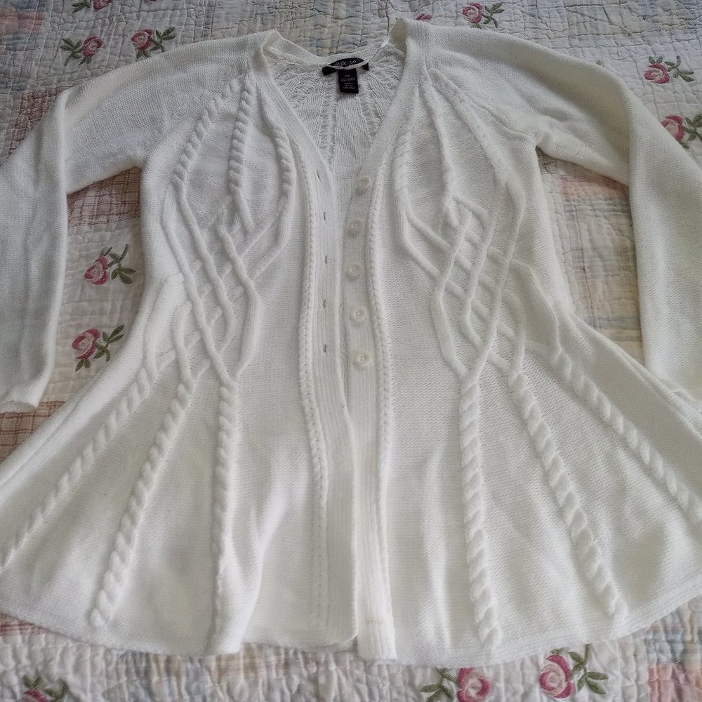 Style & Co. White Cable Knit Cardigan , Swing hemline ~PM~